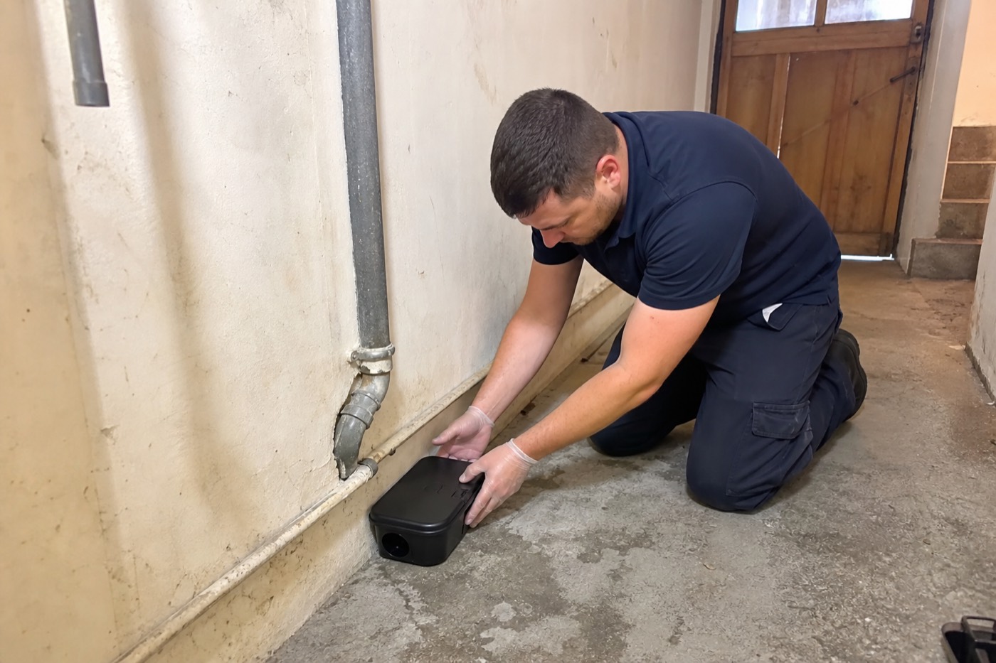 Technicien HPB posant un poste d’appâtage dans un local